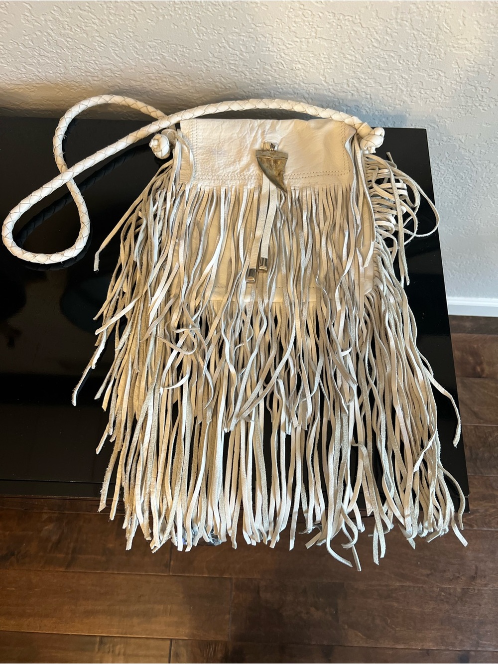 River Island white Fringed Crossbody Bag with Braided Strap Bag Size is 10 by 10